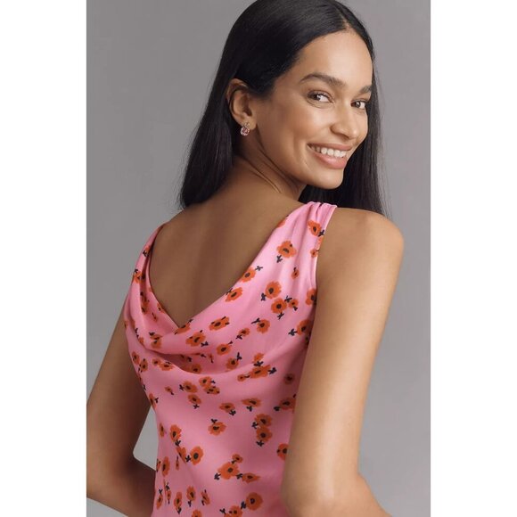 By Anthropologie Cowl-Neck Satin Mini Dress Pink Floral L - Picture 4 of 4